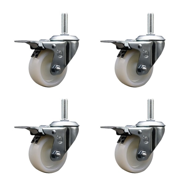4 Inch Nylon Swivel 34 Inch Threaded Stem Caster Set with Total Lock Brake